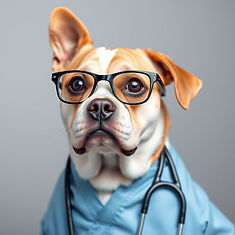 A medium sized dog wearing scrubs and glasses without a stethoscope.jpg
