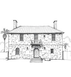 create an architect sketch of a historic stone house from the 1600s in the St Augustine, F