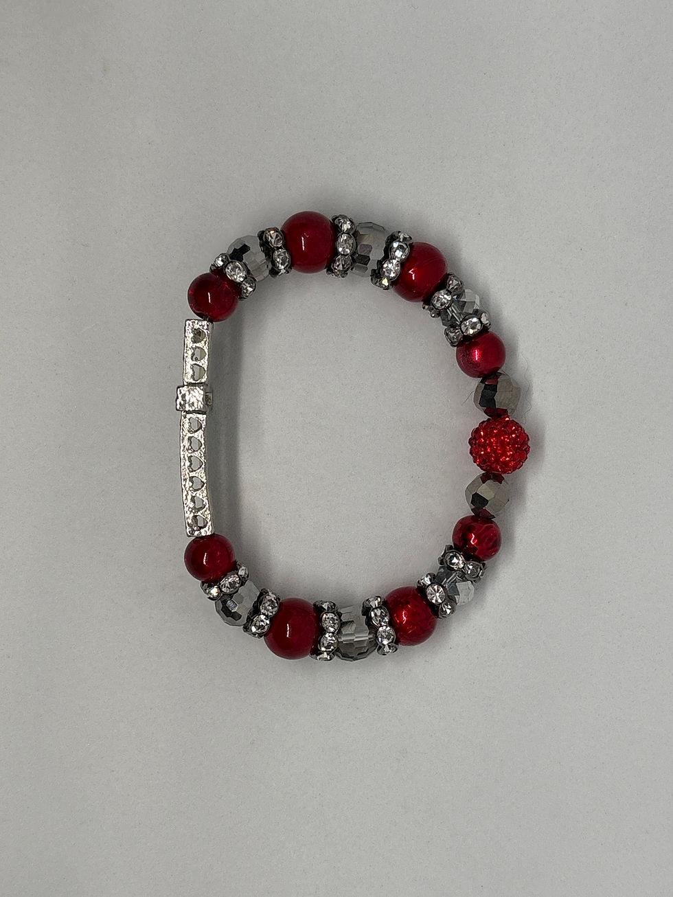 Thumbnail: Red, silver, clear beading with silver cross Forgiven Bracelet.