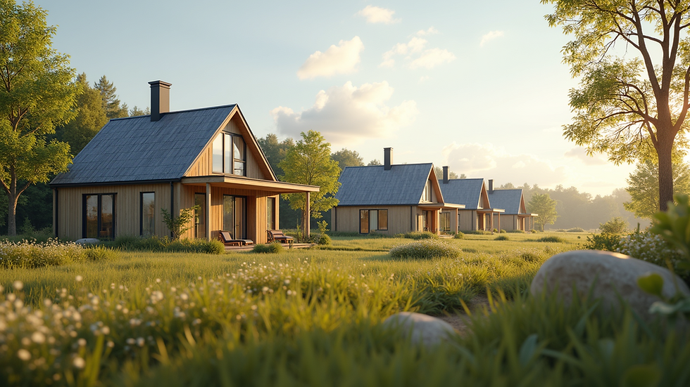 Wide angle view of a sustainable community featuring eco-friendly homes