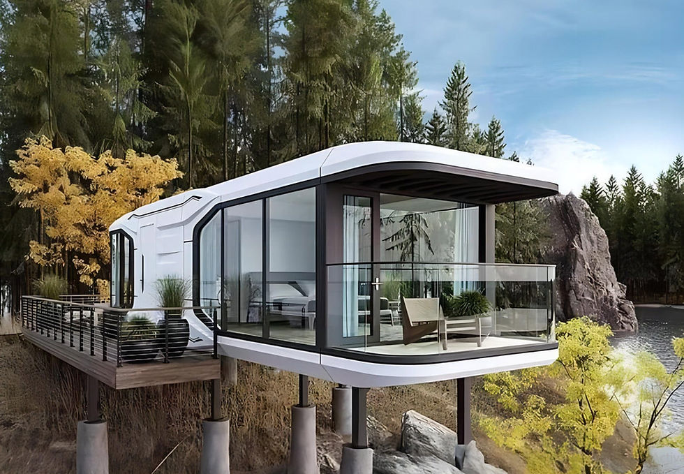 Eye-level view of a modern prefab home with large windows and a wooden facade