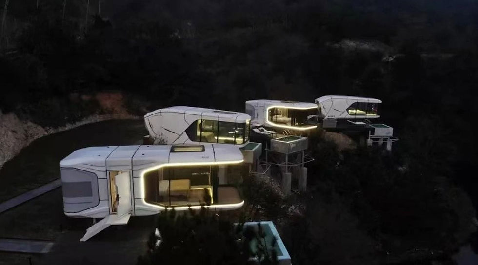 High angle view of a custom built tiny home nestled in nature