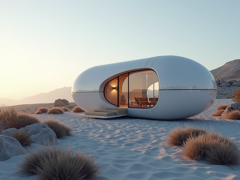 Futuristic single level tiny homes egg-shaped house in sandy desert at sunset, with glass walls revealing a cozy interior. Soft, warm colors create a serene mood.