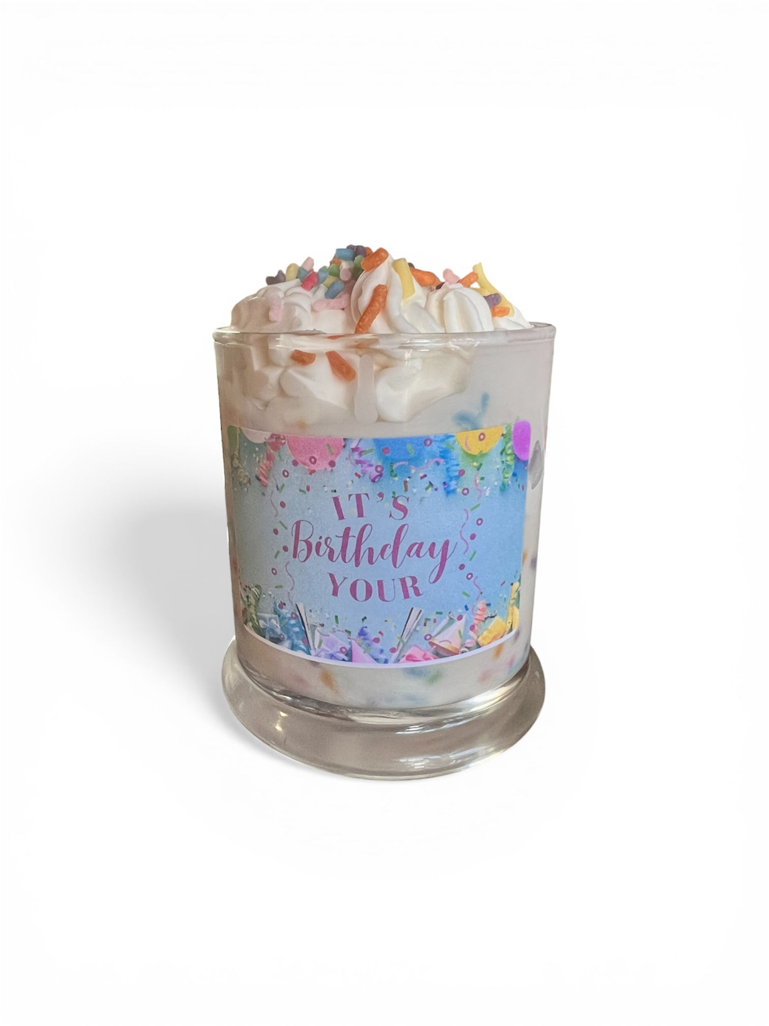 Personalized birthday candle with colorful wax sprinkles in clear 8 oz status jar