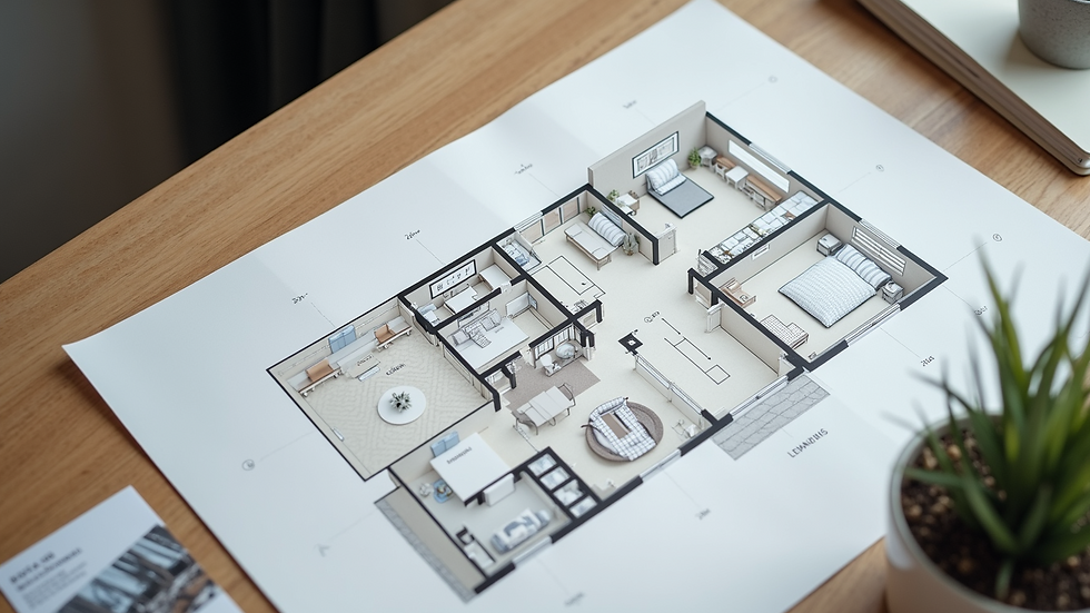 High angle view of a detailed home renovation floor plan on a desk