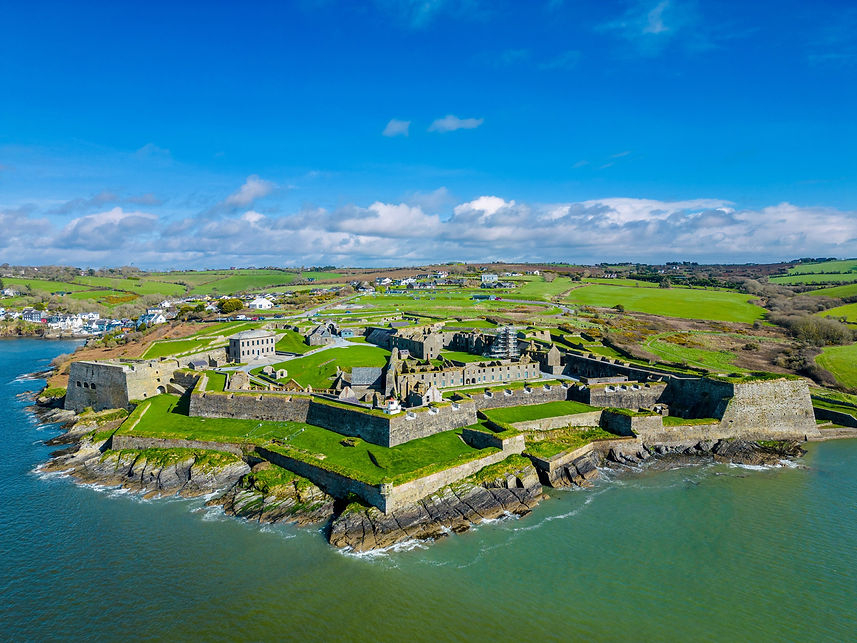 High angle shot of Charles Fort, highlighting the intricate architecture and commanding presence of this historical Irish site
