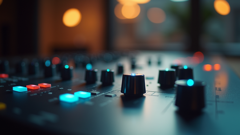 Vue rapprochée d’une table de mixage avec des platines et des boutons lumineux