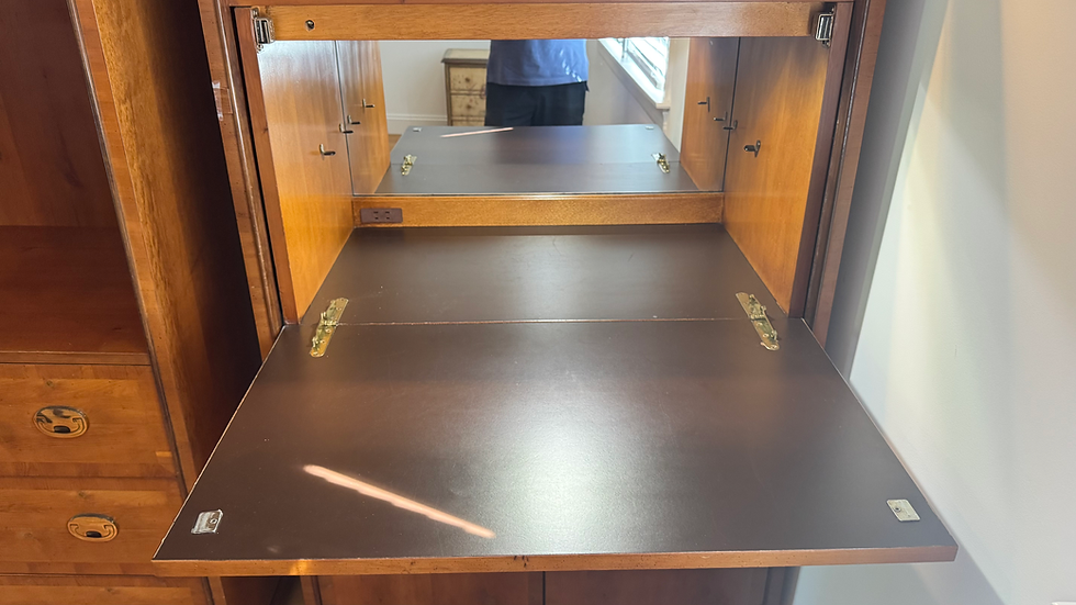 Thumbnail: Pair of Hickory Manufacturing Campaign-Style Lighted Cabinets (Bar + Curio)