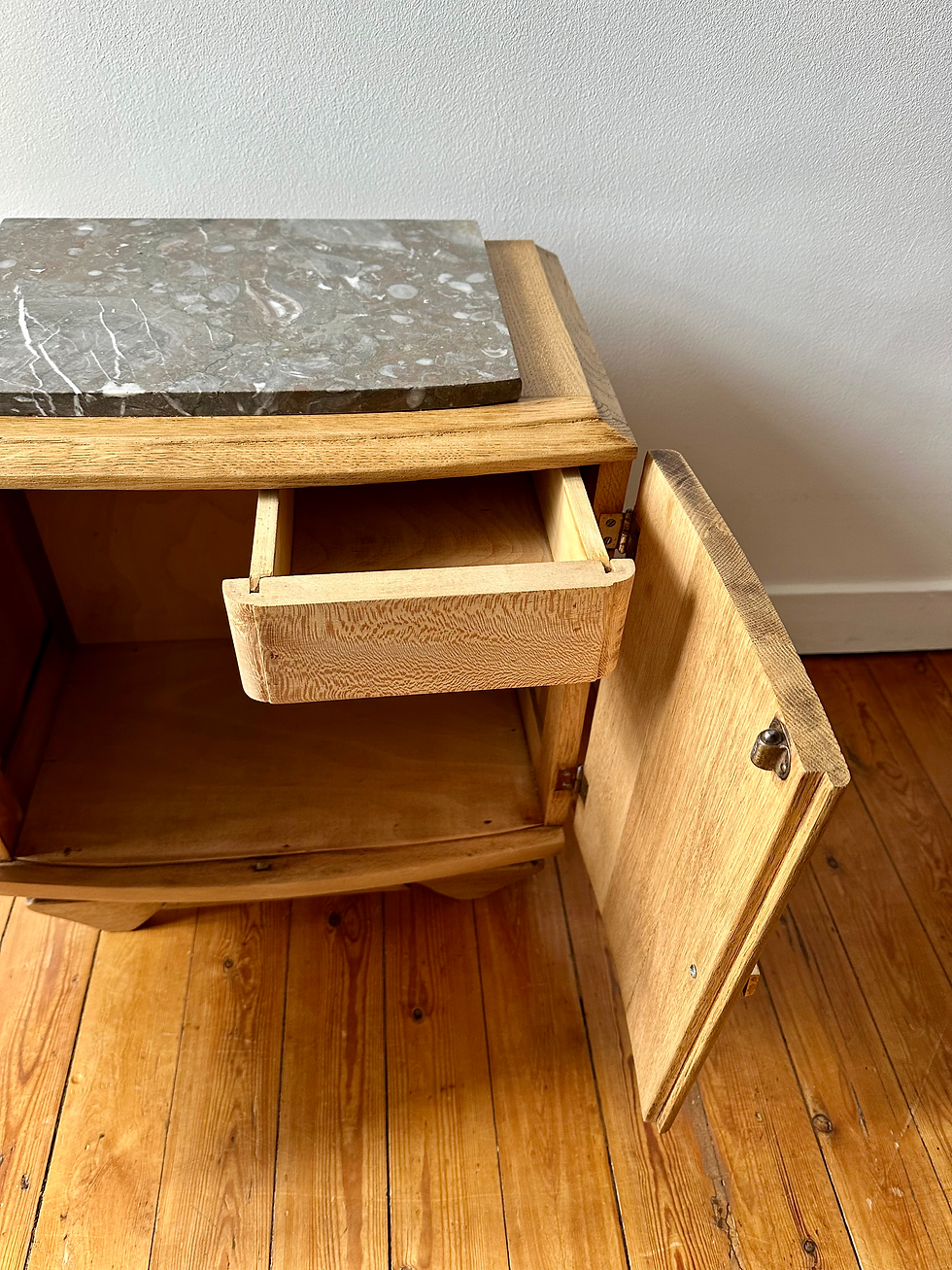 Miniature : Table de chevet ancienne en bois clair et marbre gris veiné