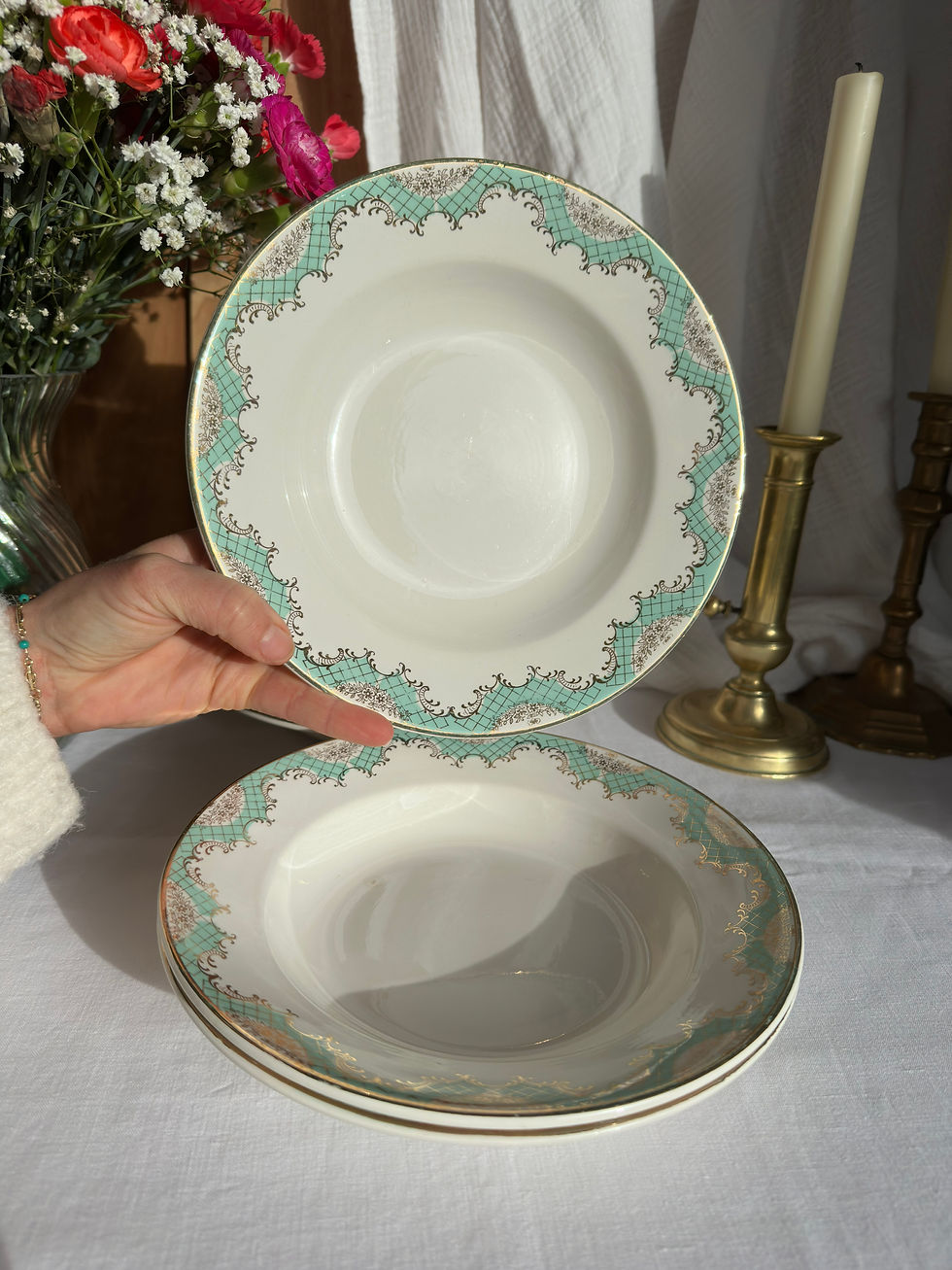 Miniature : Assiette creuse ancienne – Digoin & Sarreguemines – Décor vert d’eau et doré