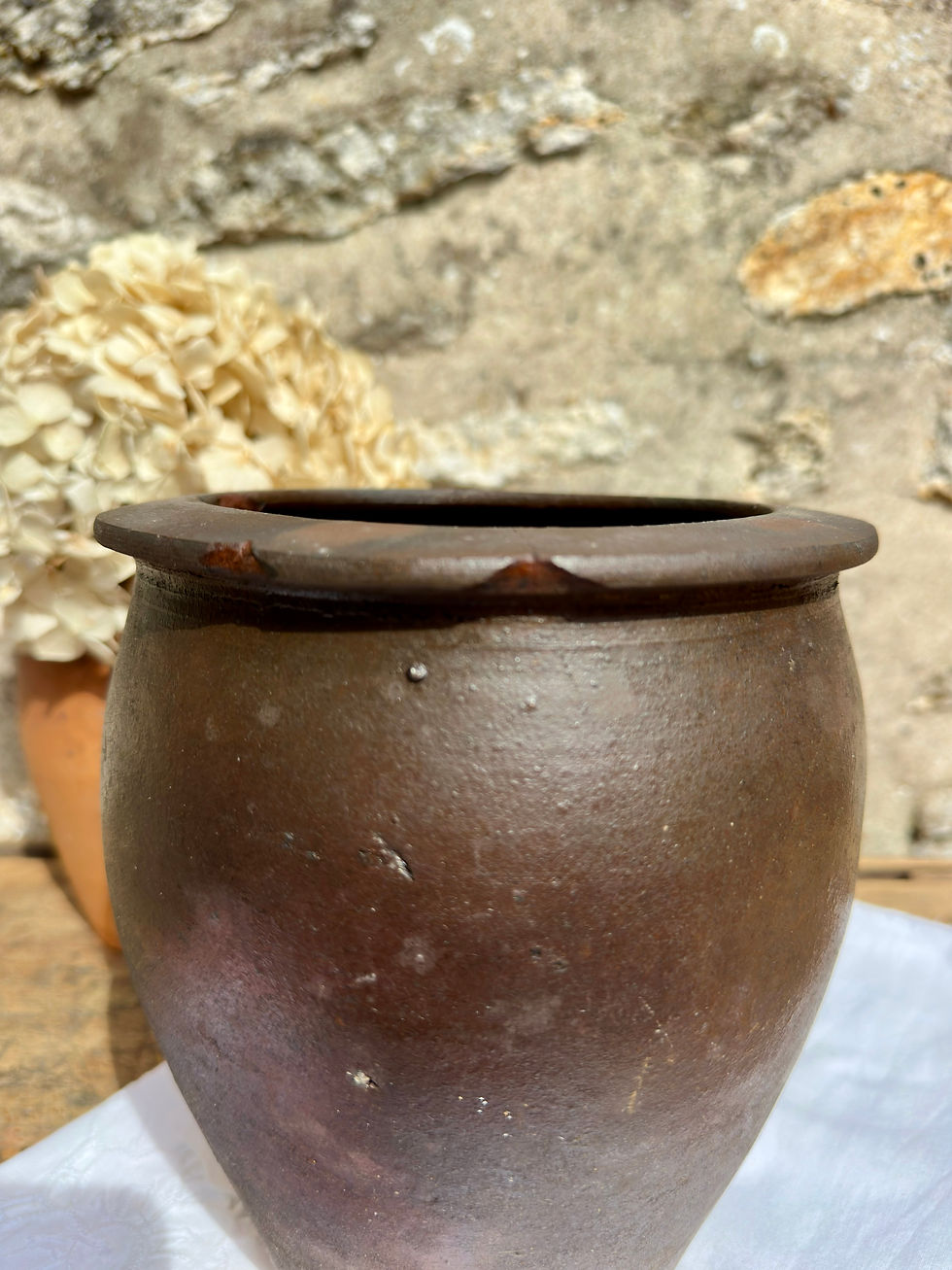 Miniature : Ancien pot à graisse en grès brun émaillé – Grand modèle – Pot de conservation a
