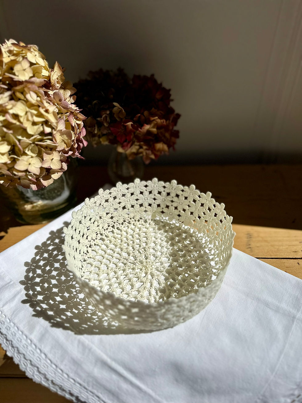 Miniature : Panier ancien en dentelle rigide – décor floral blanc