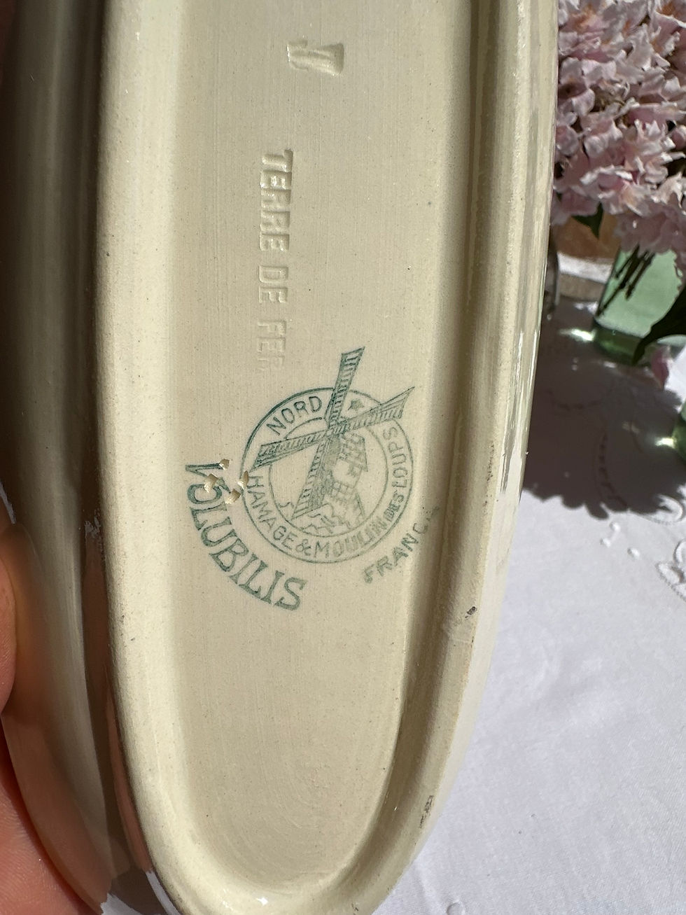 Miniature : Porte-savon ancien Moulin des Loups en terre de fer – Décor floral bleu et vert