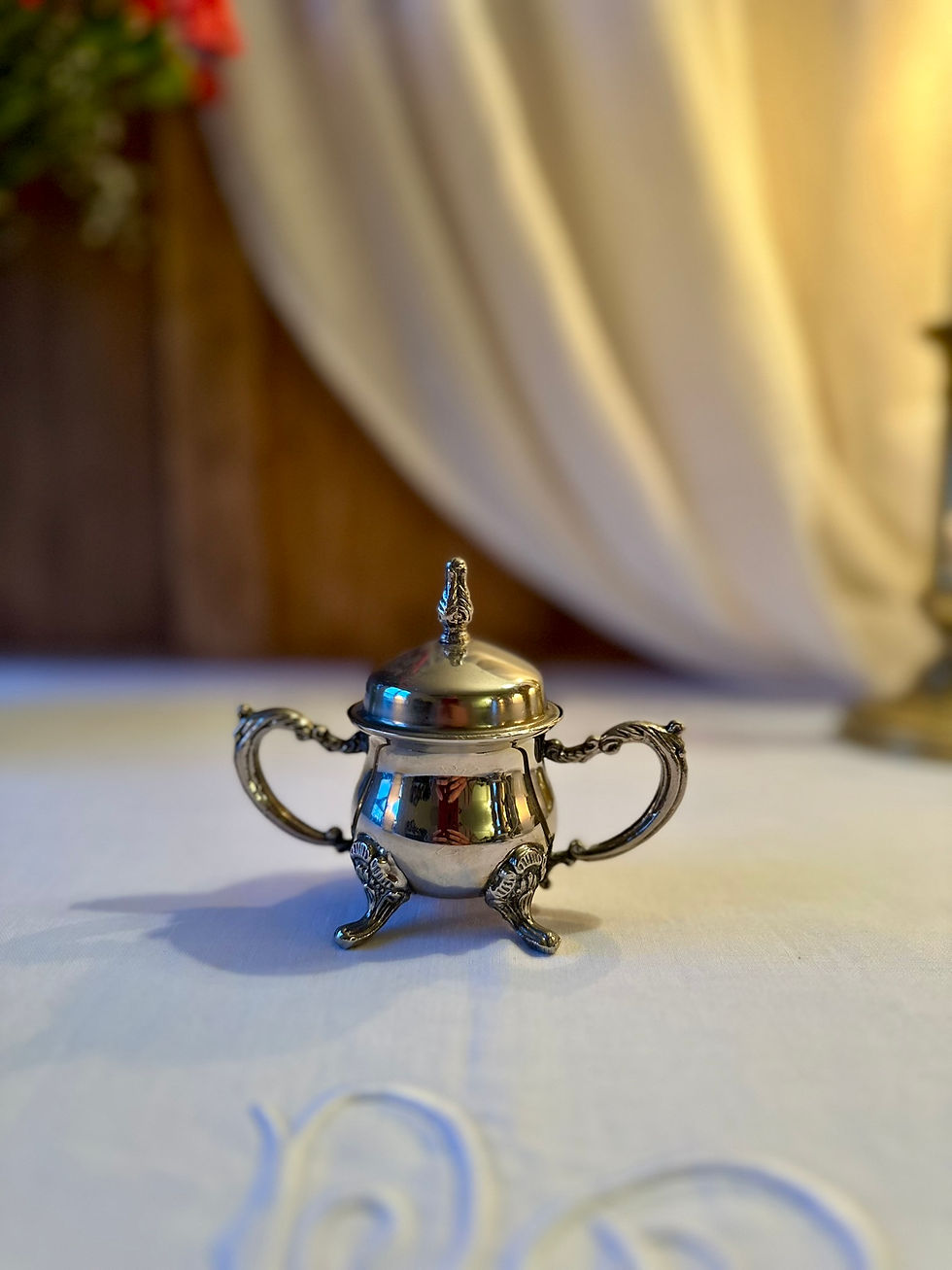 Miniature : Service à thé ancien individuel en métal argenté – Théière, pot à lait et sucrie