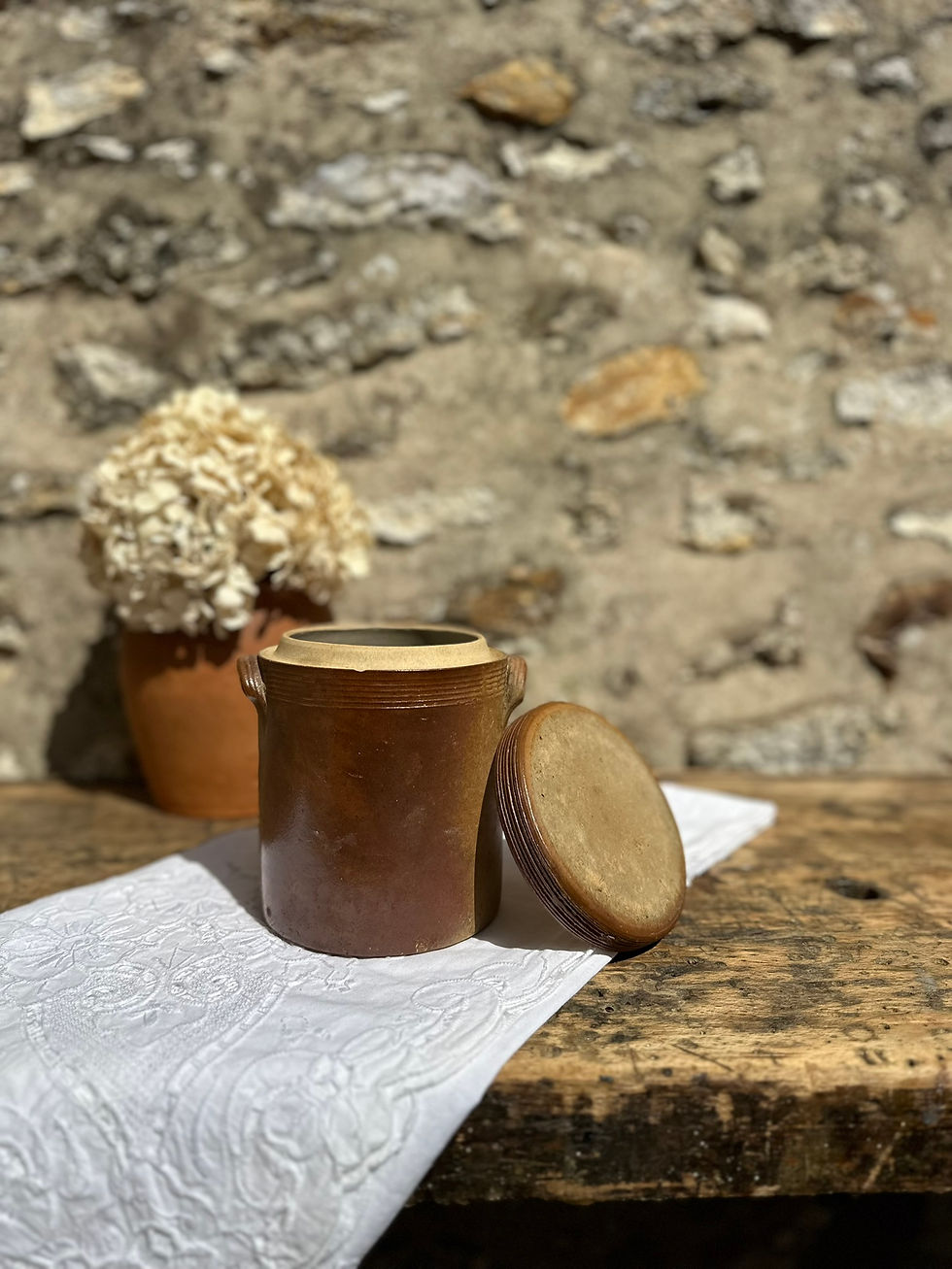 Miniature : Pot de conservation ancien en grès émaillé avec couvercle – Pot vintage en grès