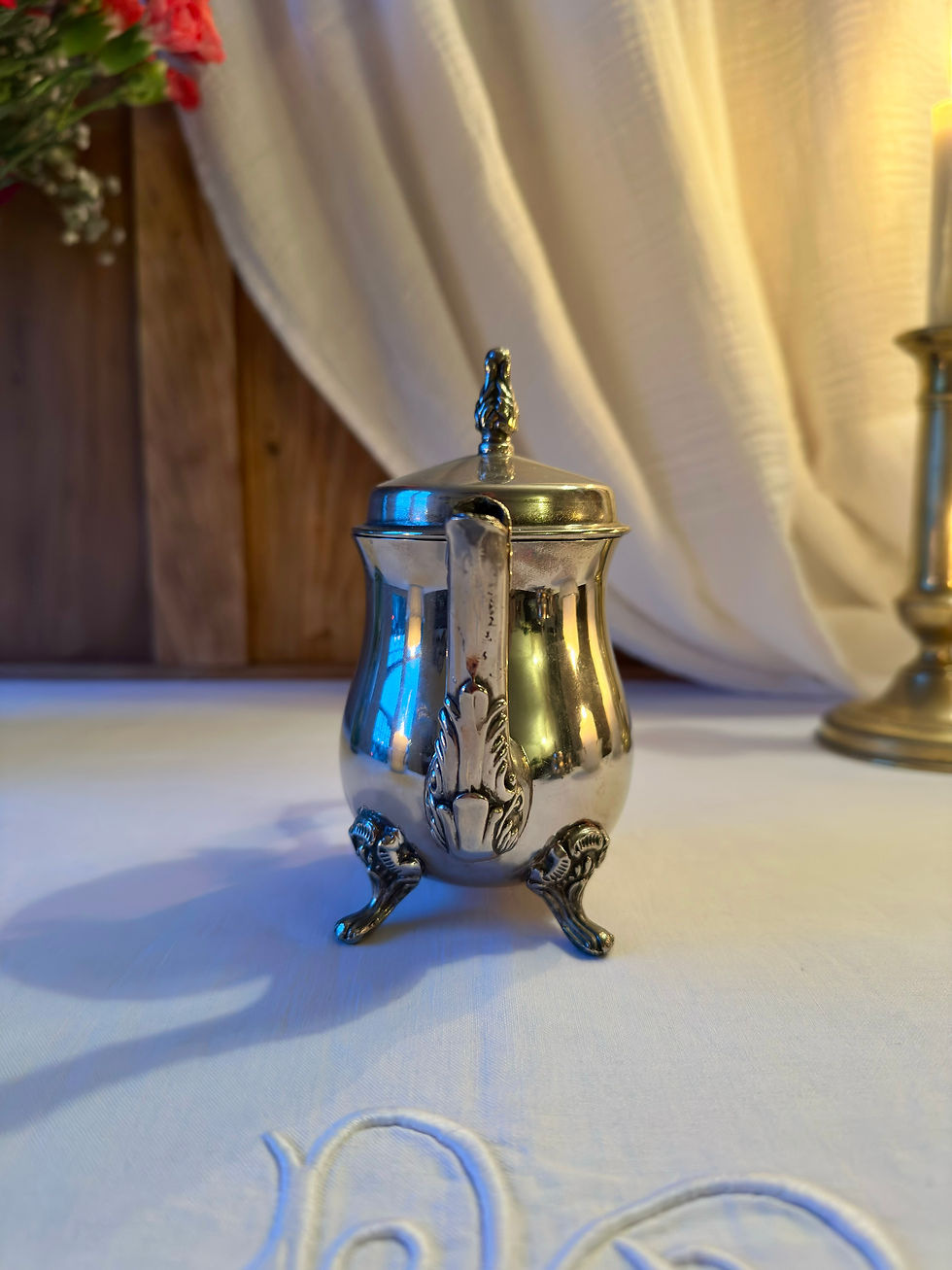 Miniature : Service à thé ancien individuel en métal argenté – Théière, pot à lait et sucrie