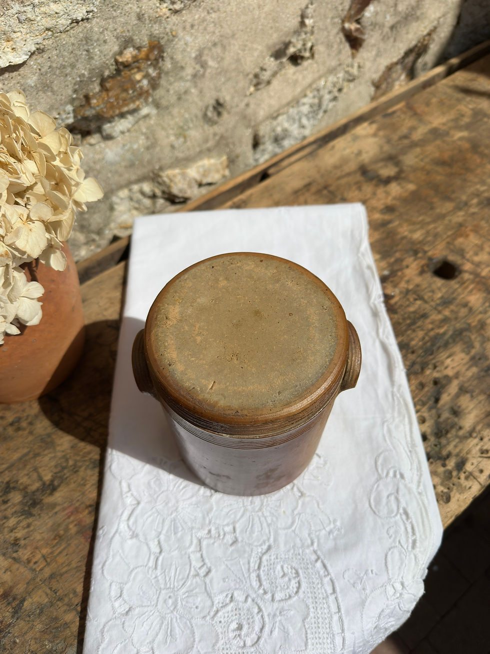 Miniature : Pot de conservation ancien en grès émaillé avec couvercle – Pot vintage en grès
