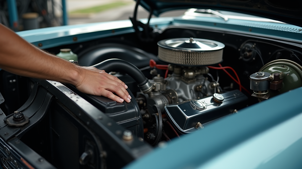 Close-up view of a classic car engine being inspected