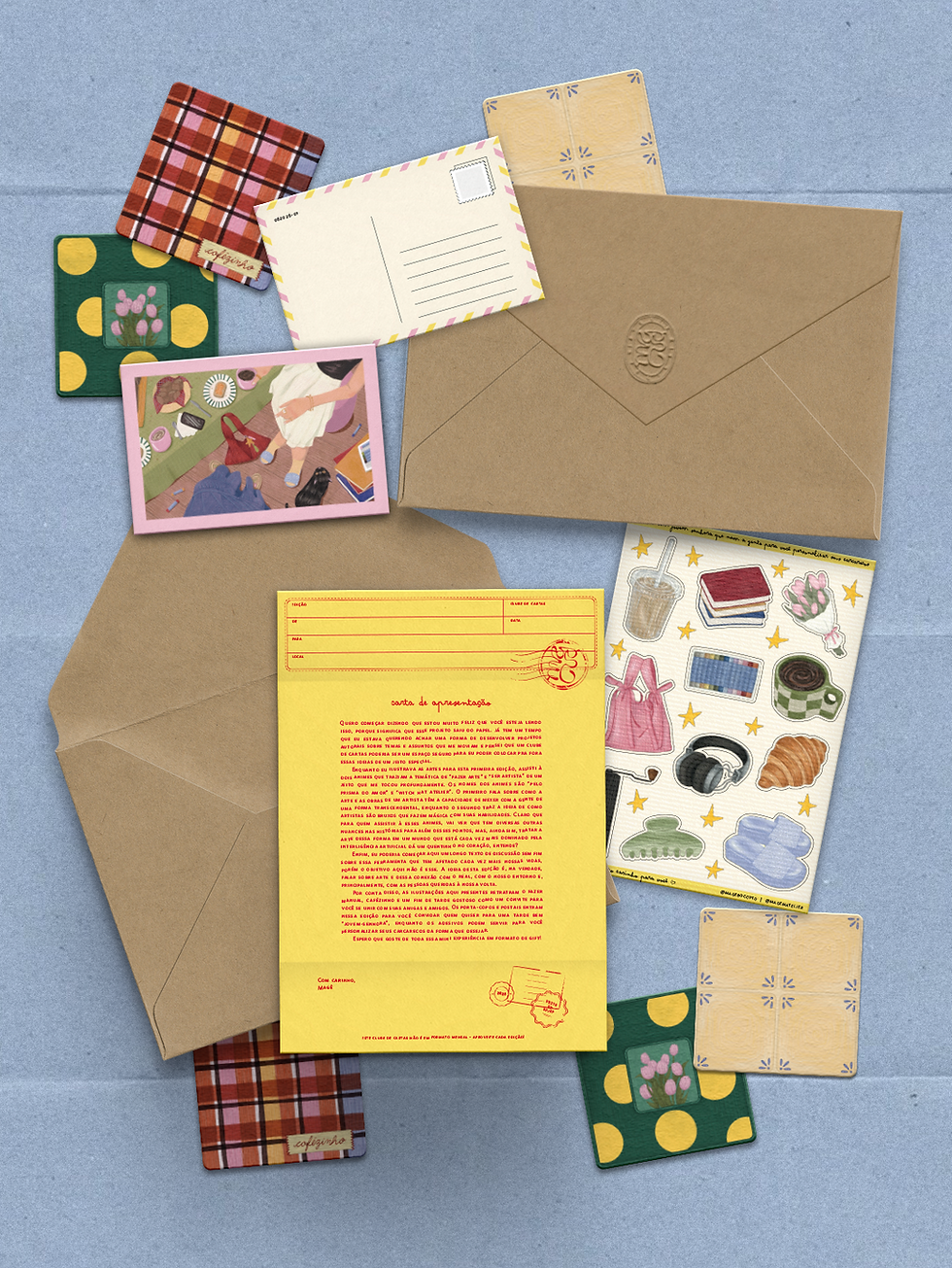 Conjunto de papelaria colorido que contém 6 porta-copos, 6 postais, 1 cartela de adesivo, 1 carta de apresentação e envelope