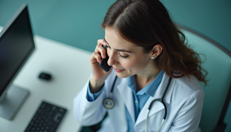 Vue en plongée d'un bureau avec une secrétaire médicale parlant au téléphone