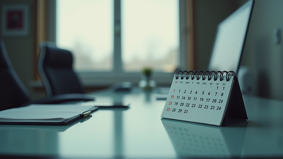 Vue en plongée d’un bureau avec un calendrier et un téléphone fixe