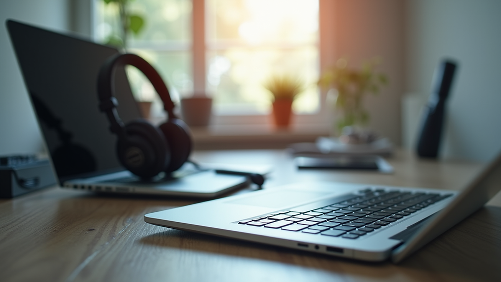 Vue rapprochée d’un bureau avec un casque téléphonique et un ordinateur portable