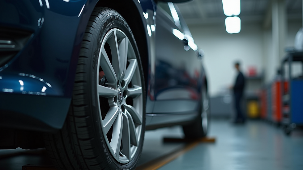 Close-up view of car wheel alignment equipment