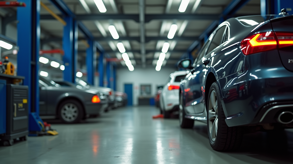 Eye-level view of a local auto repair shop with alignment equipment