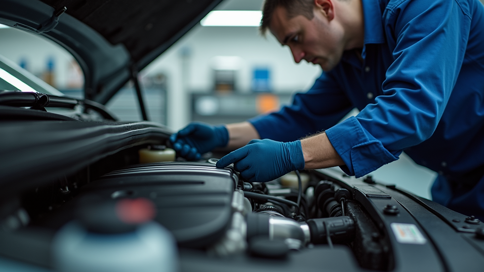Eye-level view of a technician performing a diagnostic test on a car engine