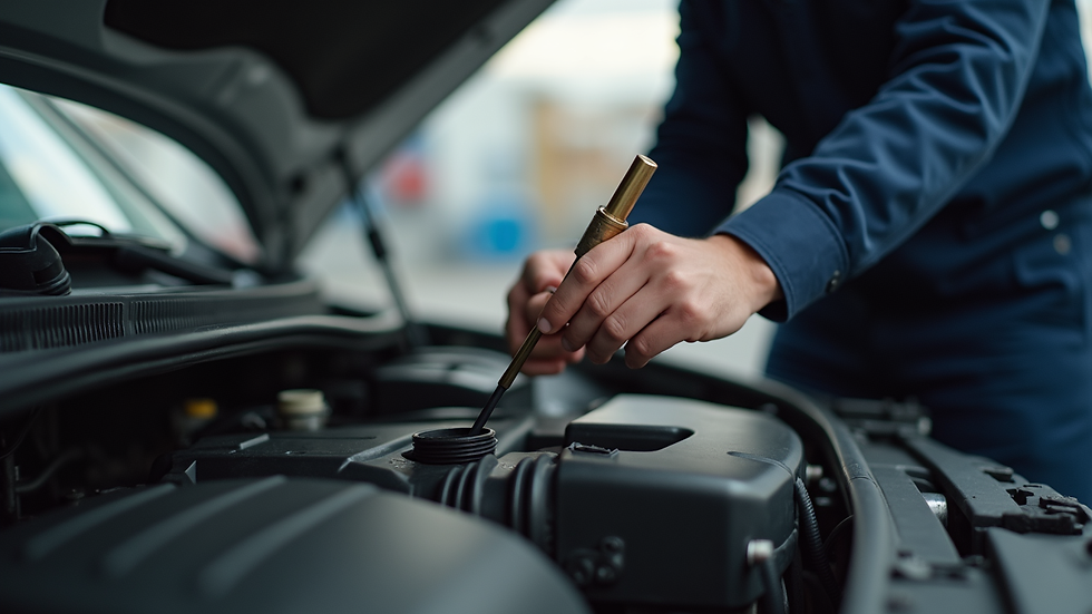 Eye-level view of a mechanic checking oil level with a dipstick