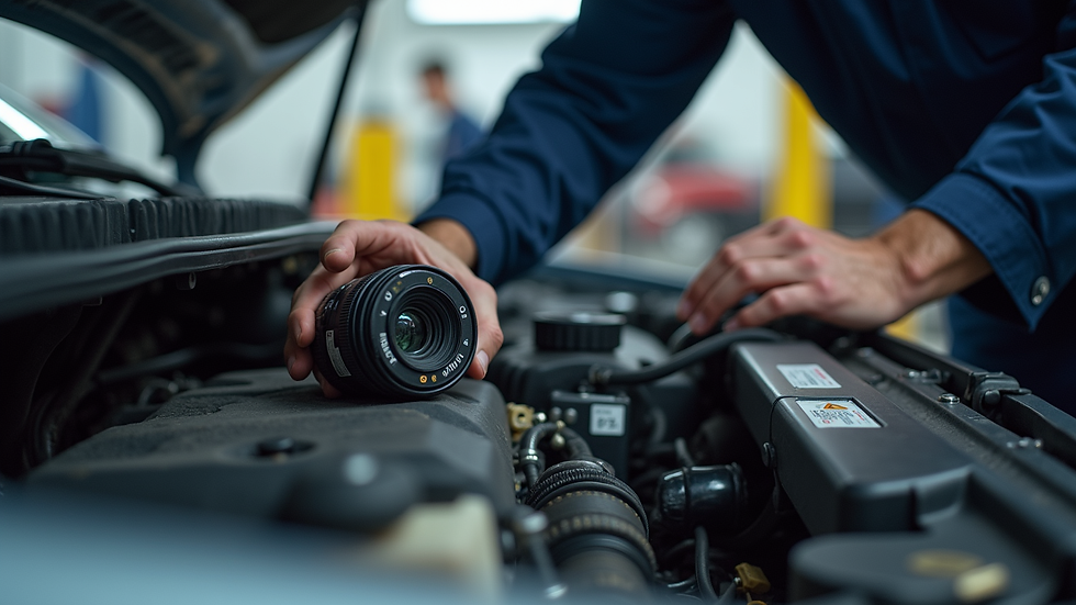 Eye-level view of auto mechanic inspecting car engine during oil change
