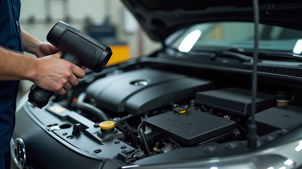 Close-up view of a mechanic using a diagnostic scanner on a car engine