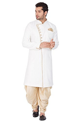 Thumbnail: VASTRAMAY Men Cotton Blend Sherwani Style Kurta Set (White_VASMSW123nCDGO_44)