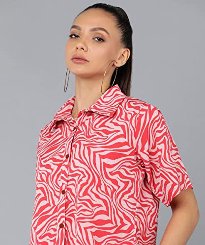 Thumbnail: Serein Women's Co-ord Set (Red Animal Printed Crepe Crop Shirt & Elasticated Wai