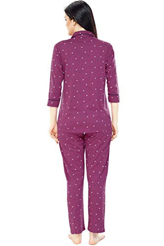 Thumbnail: ZEYO Women's Cotton Heart Printed Wine Night Suit Set of Shirt & Pyjama 5276