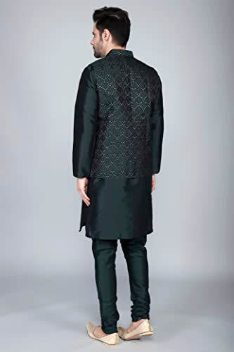 Thumbnail: Ethluxis Men's Silk Blend Kurta Churidar Pyjama with Ethnic Bundi Jacket Set (40
