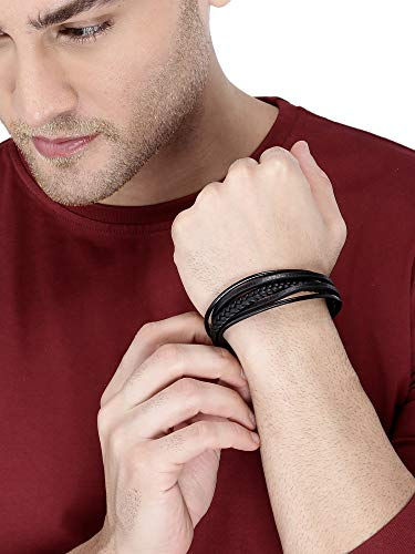 Thumbnail: Yellow Chimes Leather Bracelet for Men Magnetic-Clasp Genuine Leather Braided Mu