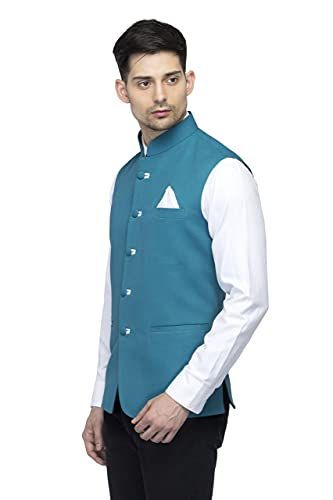 Thumbnail: FAVOROSKI Sleeveless Nehru Jacket with Mandarin Collar Waistcoat for Men (Blue_4