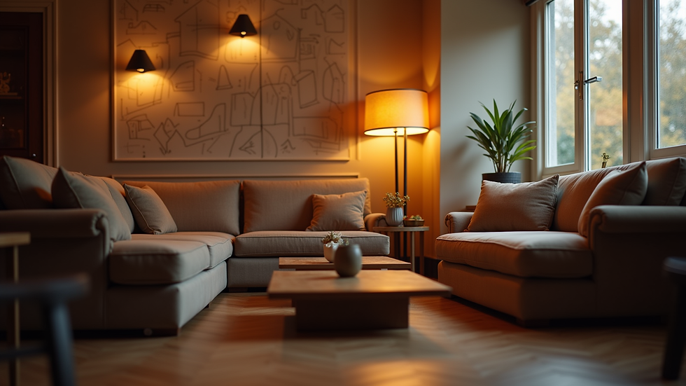 Eye-level view of a cozy gathering space with comfortable seating and warm lighting