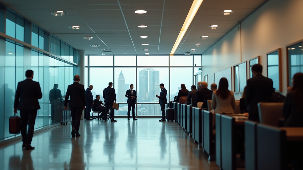 Wide angle view of a Canadian immigration office with people waiting