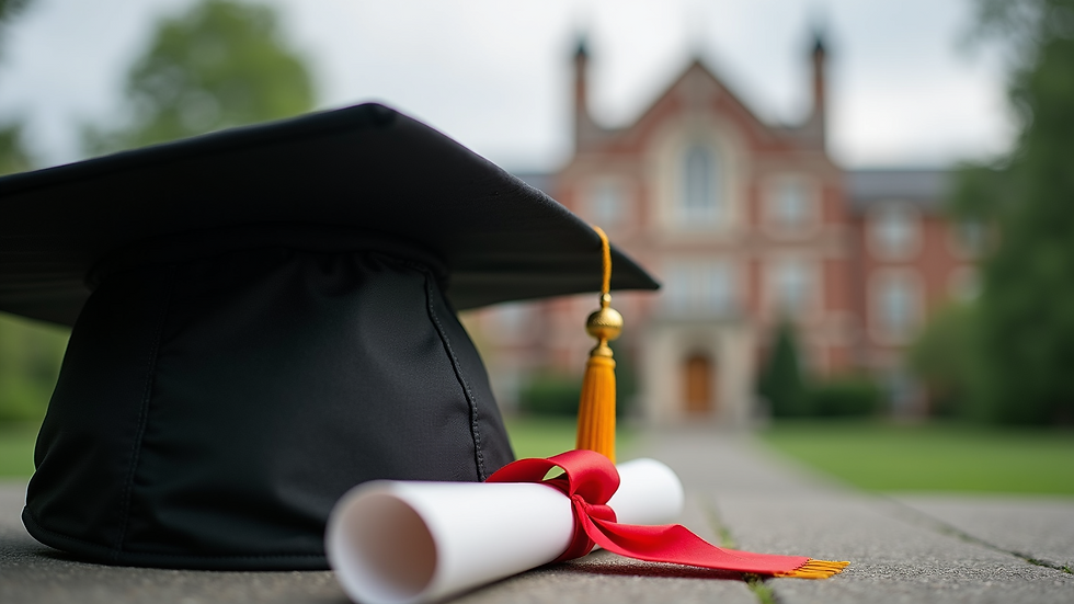 Close-up view of a graduation cap and diploma on a Canadian university campus