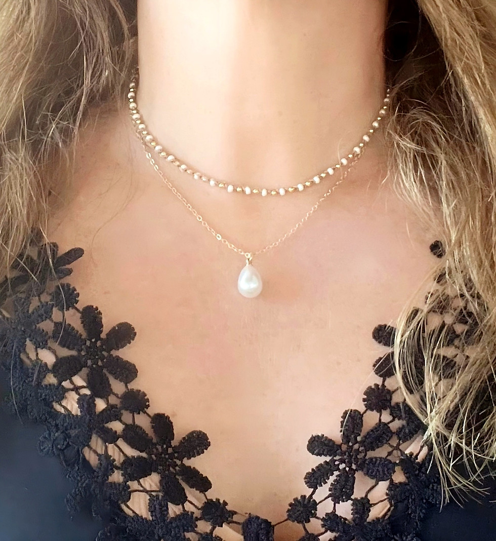 Thumbnail: Mini white pearls and gold chain double necklace