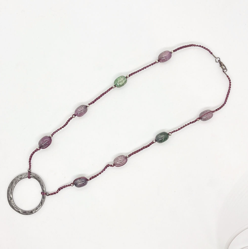 Thumbnail: Glass purple beads and old silver ring mid-chest woven necklace