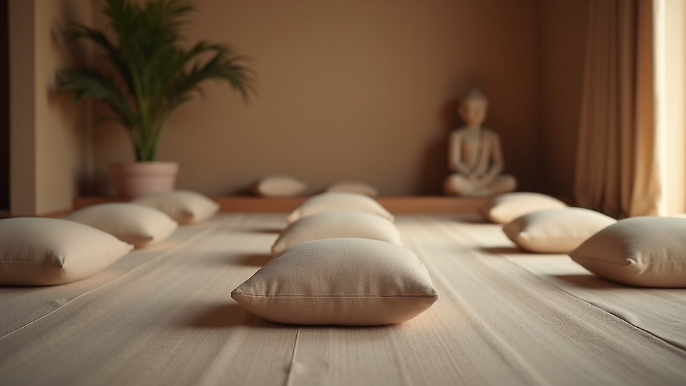Eye-level view of a peaceful meditation space with cushions