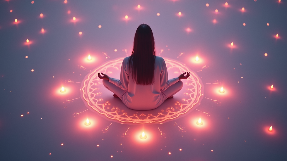 High angle view of a meditative figure surrounded by glowing chakra symbols in pastel colors