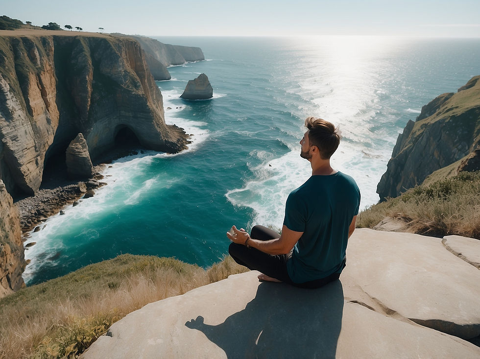 Man meditating on a cliff overlooking the ocean.