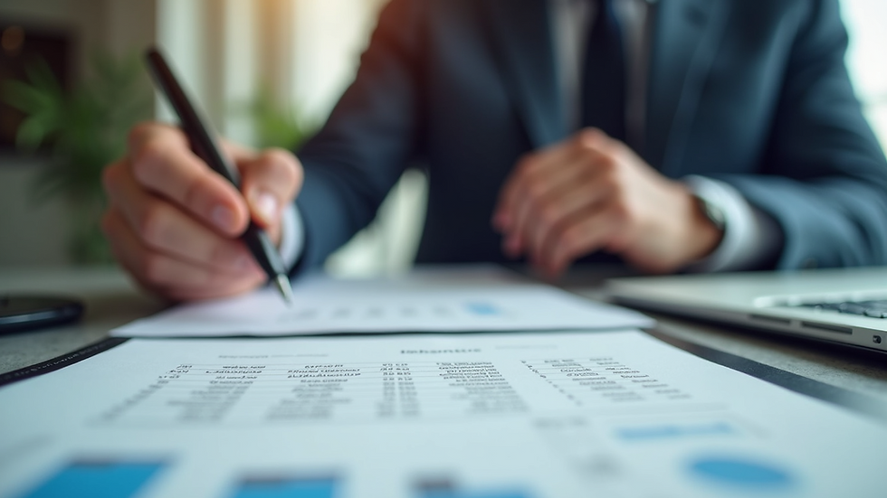 Close-up view of a business owner reviewing financial documents