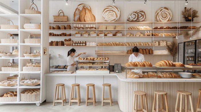 Două brutărițe într-o brutărie modernă, rafturi pline cu pâine