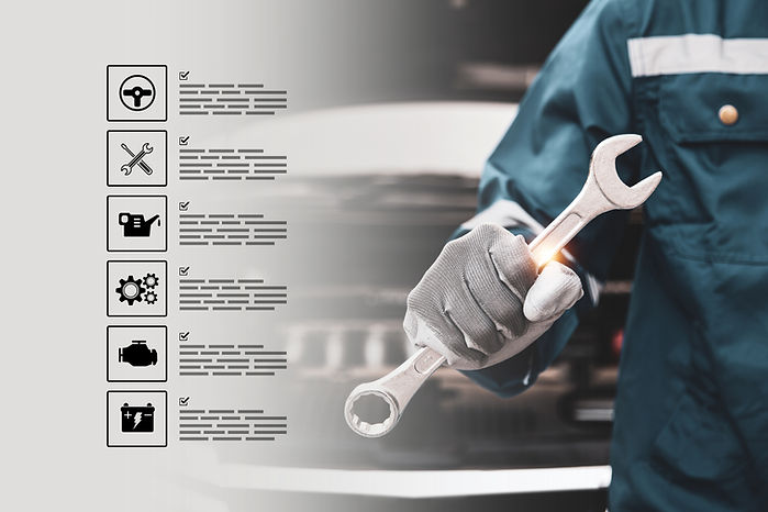 Car care maintenance servicing, Technician auto mechanic holding wrench with fix service i
