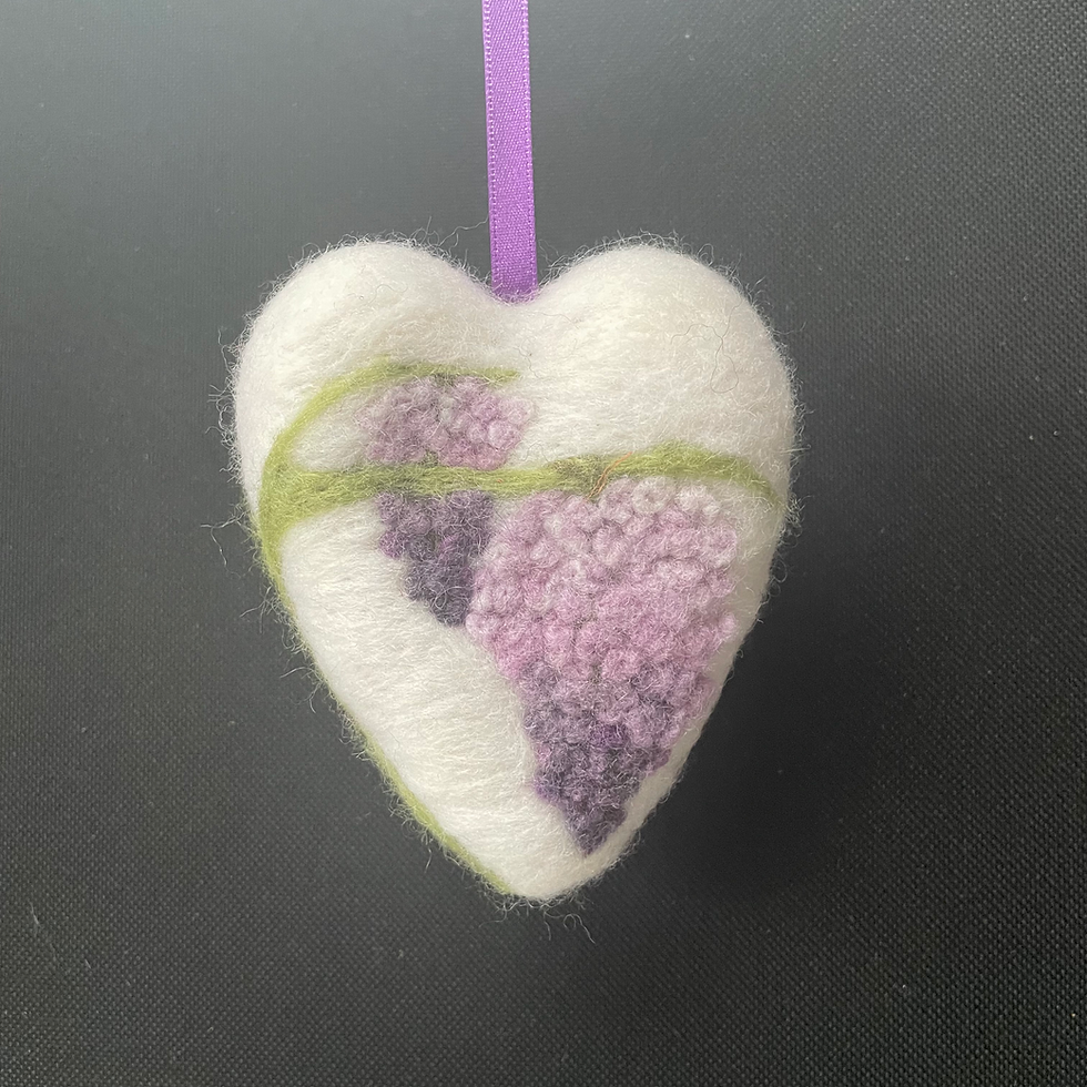 White hanging heart with wisteria design and purple ribbon